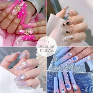 3D Flower Nail Charms, 3 Boxes 3D Acrylic Flower Nail Art Rhinestones with Gold Silver Pearl Beads Tweezers Included Spring Blossom Petal for DIY Nail Decorations