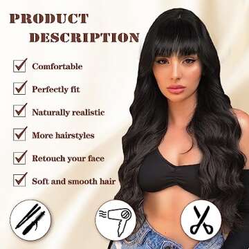 Lativ Black Wig with Bangs Long Wavy Wig for Women Synthetic Curly Natural Black Wigs Hair Replaceme...