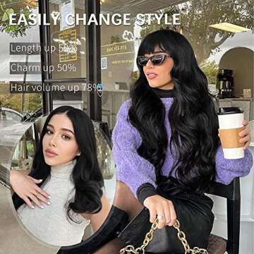Lativ Black Wig with Bangs Long Wavy Wig for Women Synthetic Curly Natural Black Wigs Hair Replacement Wigs for Girls Daily Party Use 26 Inches