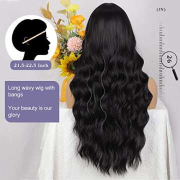 Lativ Black Wig with Bangs Long Wavy Wig for Women Synthetic Curly Natural Black Wigs Hair Replacement Wigs for Girls Daily Party Use 26 Inches