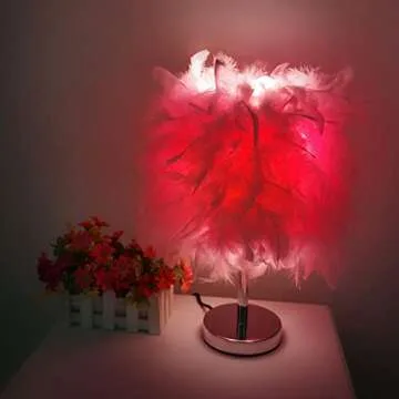 CfoPiryx Feather Table Light, Home Decorative Bedside Desk Lamp Elegant Feather Lampshade LED Night Lamp, Soft Lighting Romantic Atmosphere Light for Living Room Wedding Room Bedroom(US Plug,Pink)