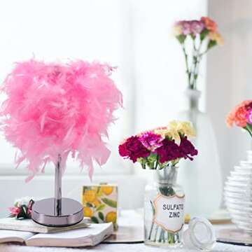 CfoPiryx Feather Table Light, Home Decorative Bedside Desk Lamp Elegant Feather Lampshade LED Night Lamp, Soft Lighting Romantic Atmosphere Light for Living Room Wedding Room Bedroom(US Plug,Pink)