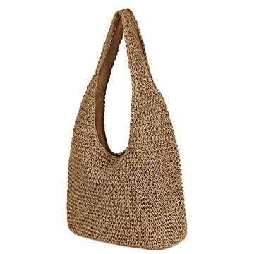 Women Large Straw Beach Bag Handmade Woven Shoulder Bags Hobo Tote Handbag Purse for Summer (Khaki)