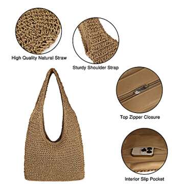 Women Large Straw Beach Bag Handmade Woven Shoulder Bags Hobo Tote Handbag Purse for Summer (Khaki)