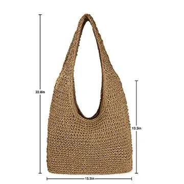 Women Large Straw Beach Bag Handmade Woven Shoulder Bags Hobo Tote Handbag Purse for Summer (Khaki)