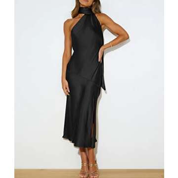 Sexyshine Women's Elegant Halter Tie Neck Sleeveless Satin Long Dress Backless Split Cocktail Party Formal Wedding Maxi Dress(4572BL,S) Black