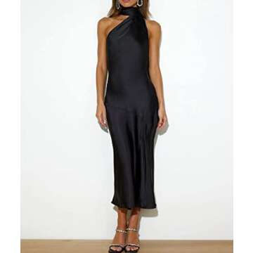 Sexyshine Women's Elegant Halter Tie Neck Sleeveless Satin Long Dress Backless Split Cocktail Party Formal Wedding Maxi Dress(4572BL,S) Black