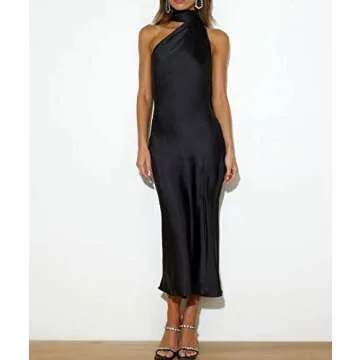 Sexyshine Women's Elegant Halter Tie Neck Sleeveless Satin Long Dress Backless Split Cocktail Party Formal Wedding Maxi Dress(4572BL,S) Black
