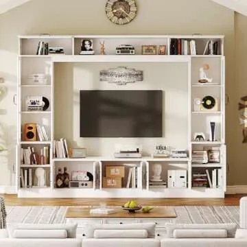 AMERLIFE 98" W Wall Unit TV Stand with Storage for TVs up to 80", Modern TV Console with LED Lights, Entertainment Center with Bookshelves for Living Room, White