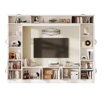 AMERLIFE 98" W Wall Unit TV Stand with Storage for TVs up to 80", Modern TV Console with LED Lights, Entertainment Center with Bookshelves for Living Room, White