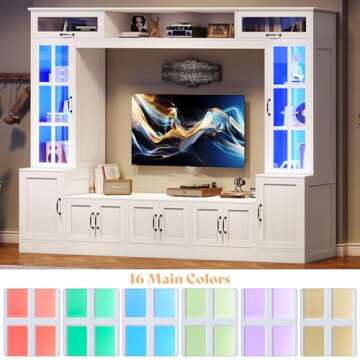 AMERLIFE 98" W Wall Unit TV Stand with Storage for TVs up to 80", Modern TV Console with LED Lights, Entertainment Center with Bookshelves for Living Room, White