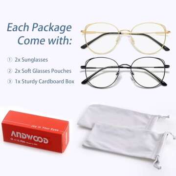 ANDWOOD Blue Light Blocking Glasses Women Cat Eye Computer Eyeglasses Metal Frame Hipster 2 Pack Gold Black