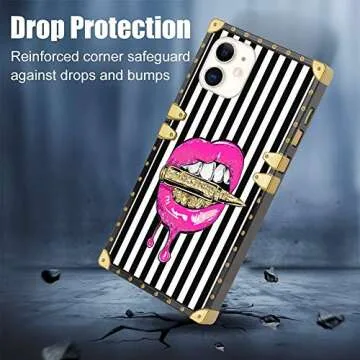 Square Case Compatible iPhone 11 2019 6.1 Inch Pink Lips Luxury Elegant Soft TPU Shockproof Protective Metal Decoration Corner Back Cover Case iPhone 11 Case
