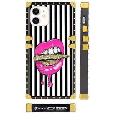 Square Case Compatible iPhone 11 2019 6.1 Inch Pink Lips Luxury Elegant Soft TPU Shockproof Protective Metal Decoration Corner Back Cover Case iPhone 11 Case