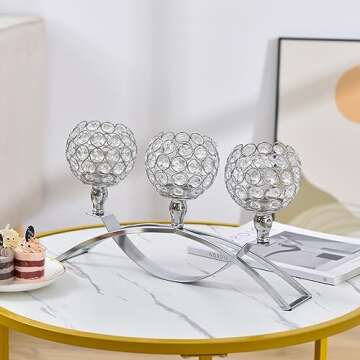 VINCIGANT 3 Arm Crystal Candle Stick Holders for Christmas Table Centerpiece, Silver Candelabra Ornaments for Wedding Thanksgiving Dinning Room Decorations,Gifts Boxed
