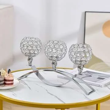VINCIGANT 3 Arm Crystal Candle Stick Holders for Christmas Table Centerpiece, Silver Candelabra Ornaments for Wedding Thanksgiving Dinning Room Decorations,Gifts Boxed