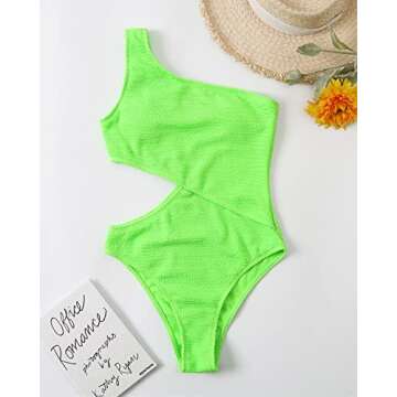 Limeeke Women's Cutout One Piece Swimsuit One Shoulder Swimwear Ribbed Monokini Bathing Suits Fluorescent Green S