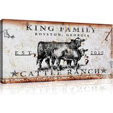 TAILORED CANVASES Personalized Cattle Ranch Sign Wall Art Decor - Custom Large Rustic Family Print Canvas for Farmhouse, Home, Living Room, Bedroom and Kitchen - Angus Cow, Mother and Calf, 20x10in