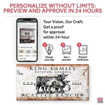 TAILORED CANVASES Personalized Cattle Ranch Sign Wall Art Decor - Custom Large Rustic Family Print Canvas for Farmhouse, Home, Living Room, Bedroom and Kitchen - Angus Cow, Mother and Calf, 20x10in