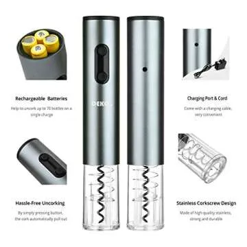DEKOHM Electric Wine Bottle Opener, Rechargeable Wine Opener Set Cordless Electronic Corkscrew, 5 IN 1 Pourer, Vacuum Stopper, Foil Cutter, Charger, Automatic Wine Gift Set