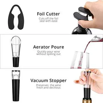 DEKOHM Electric Wine Bottle Opener, Rechargeable Wine Opener Set Cordless Electronic Corkscrew, 5 IN 1 Pourer, Vacuum Stopper, Foil Cutter, Charger, Automatic Wine Gift Set