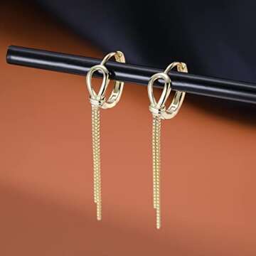 SLUYNZ 925 Sterling Silver Hoop Earrings Tassel for Women Teen Girls Bow Hoop Earrings Huggie Dangling Chain (B-GOLD)