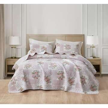 Chezmoi Collection Rosy 3-Piece Queen Size Printed Patchwork Cotton Quilt Set - Pink Flower Floral S...
