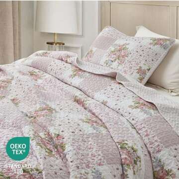 Chezmoi Collection Rosy 3-Piece Queen Size Printed Patchwork Cotton Quilt Set - Pink Flower Floral Striped Polka Dots - Stone Washed Lightweight Bedspread, Queen Size