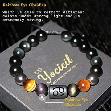 Birthday Gift, Rainbow Black Obsidian Mens Bracelet, Couples Bracelets 10mm Natural Tigers Eye Hemat...