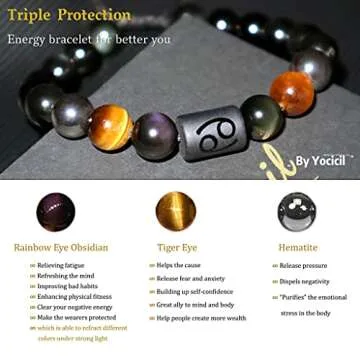 Birthday Gift, Rainbow Black Obsidian Mens Bracelet, Couples Bracelets 10mm Natural Tigers Eye Hematite Bracelet, Zodiac Healing Crystal Bracelet Good Luck Gifts (Taurus gifts)
