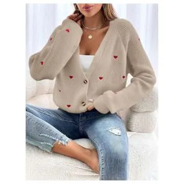 Verdusa Women's Cute Heart Print Button Down Cardigan Cute V Neck Long Sleeve Knit Sweater Cardigan Khaki Large