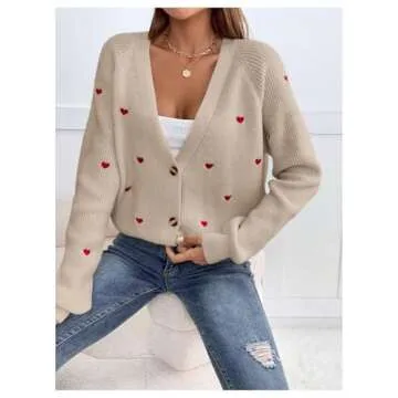 Verdusa Women's Cute Heart Print Button Down Cardigan Cute V Neck Long Sleeve Knit Sweater Cardigan Khaki Large