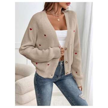 Verdusa Women's Cute Heart Print Button Down Cardigan Cute V Neck Long Sleeve Knit Sweater Cardigan Khaki Large