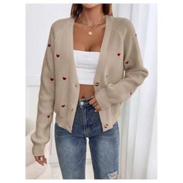 Verdusa Women's Cute Heart Print Button Down Cardigan Cute V Neck Long Sleeve Knit Sweater Cardigan Khaki Large