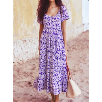 PRETTYGARDEN Puff Sleeve Spring Wedding Guest Dresses for Women 2024 Plus Size Floral Maxi Dress Smocked Tiered Sun Dresses (Purple White Flower,Medium)