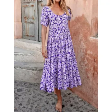 PRETTYGARDEN Puff Sleeve Spring Wedding Guest Dresses for Women 2024 Plus Size Floral Maxi Dress Smocked Tiered Sun Dresses (Purple White Flower,Medium)