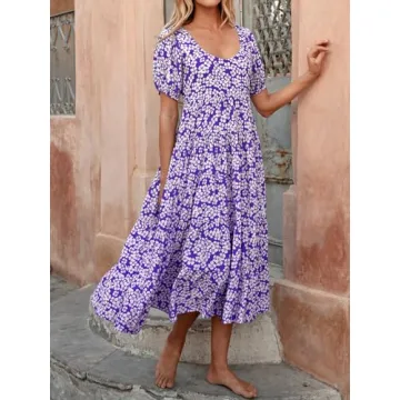 PRETTYGARDEN Puff Sleeve Spring Wedding Guest Dresses for Women 2024 Plus Size Floral Maxi Dress Smocked Tiered Sun Dresses (Purple White Flower,Medium)