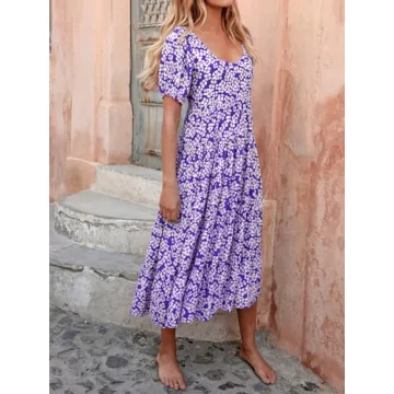 PRETTYGARDEN Puff Sleeve Spring Wedding Guest Dresses for Women 2024 Plus Size Floral Maxi Dress Smocked Tiered Sun Dresses (Purple White Flower,Medium)