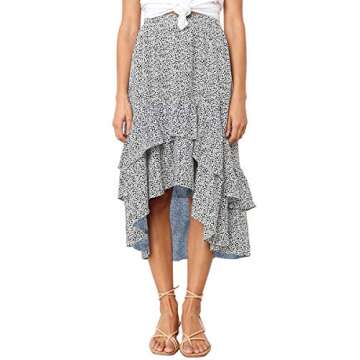 Hibluco Women's Floral Maxi Skirt High Waist Ruffles Midi A-Line Long Skirts White