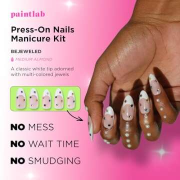 PaintLab Press-On Nails Manicure Kit, Bejeweled, 30-Piece Set, Long-Lasting Fake Nails with Glue, Fi...