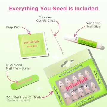 PaintLab Press-On Nails Manicure Kit, Bejeweled, 30-Piece Set, Long-Lasting Fake Nails with Glue, File, Prep Pad & Cuticle Stick