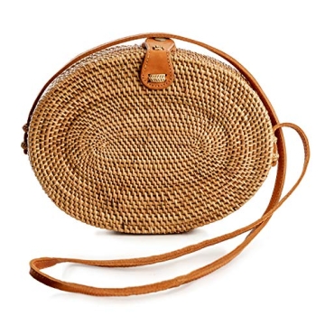 Novum Crafts Round Rattan Bag - Handmade Wicker Purse for Women - Stylish Boho Crossbody Beach Bag