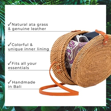Novum Crafts Round Rattan Bag - Handmade Straw Purse