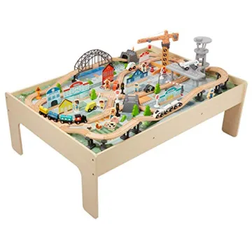 Amazon Basics 120-Piece Wooden Train Set & Table for Kids