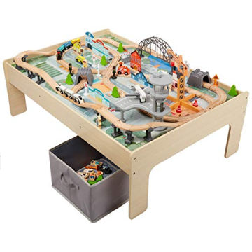Amazon Basics 120-Piece Wooden Train Set & Table for Kids