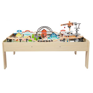 Amazon Basics 120-Piece Wooden Train Set & Table for Kids