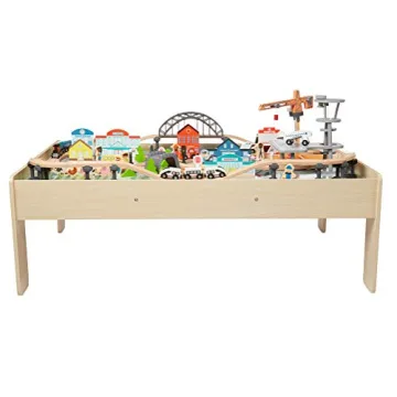 Amazon Basics 120-Piece Wooden Train Set & Table for Kids