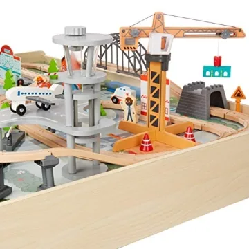 Amazon Basics 120-Piece Wooden Train Set & Table for Kids
