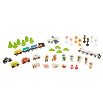 Amazon Basics 120-Piece Wooden Train Set & Table for Kids