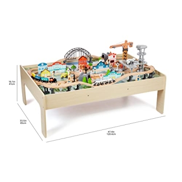 Amazon Basics 120-Piece Wooden Train Set & Table for Kids